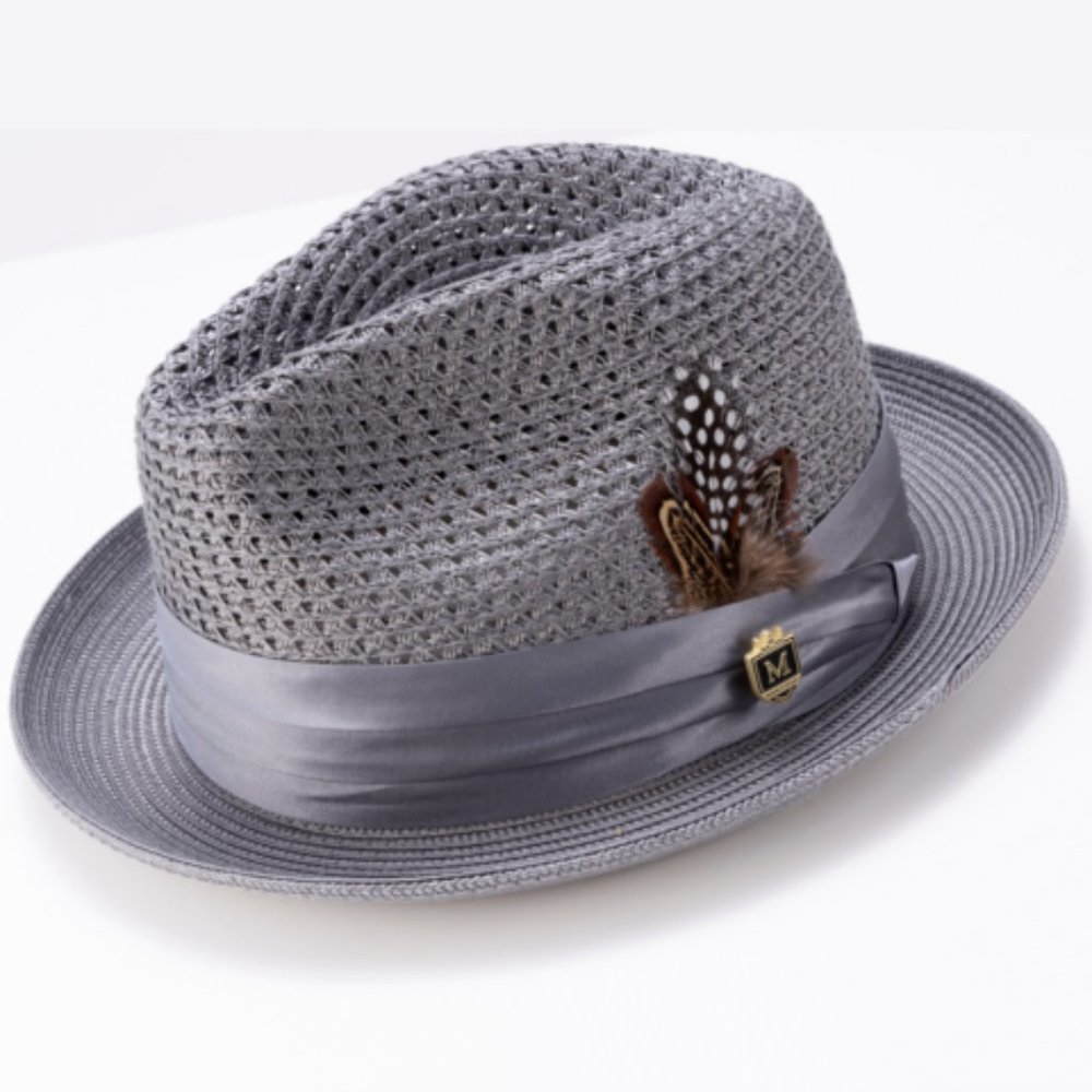 Montique Gray Color Pinch Braided Fedora With Matching Satin Ribbon   H 34